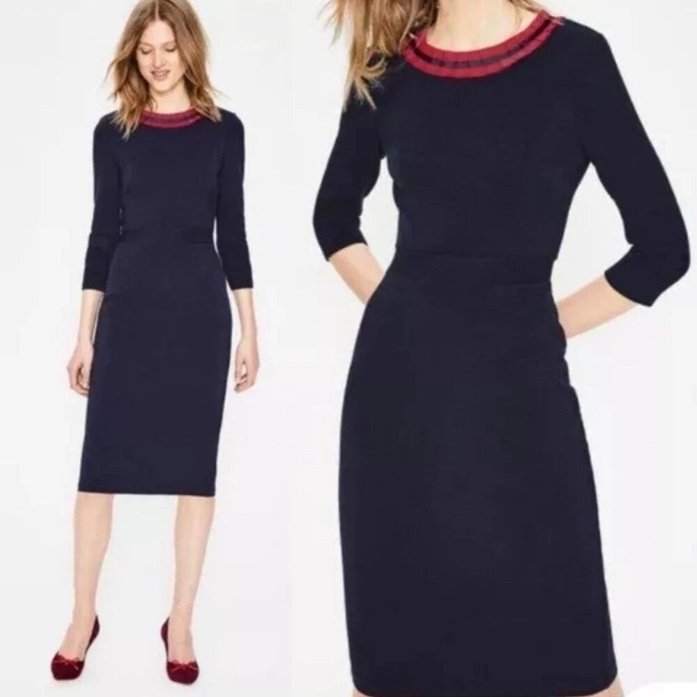 BODEN Polperro Ottoman Grossgrain Dress Navy Blue Ponte w/ Red Collar Womens 4L